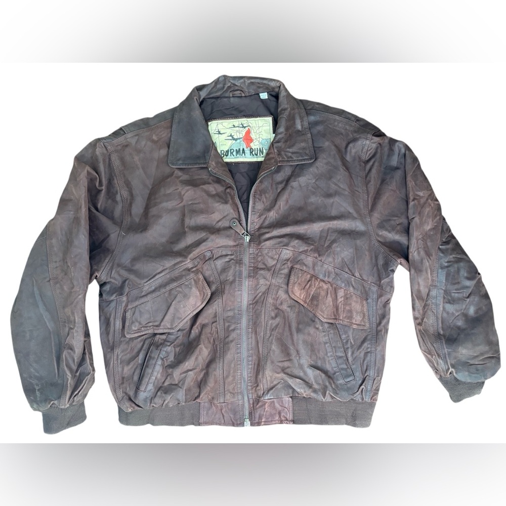Vintage Burma Run Bomber Jacket Waxed Brown Leather Y2K Aviator Large